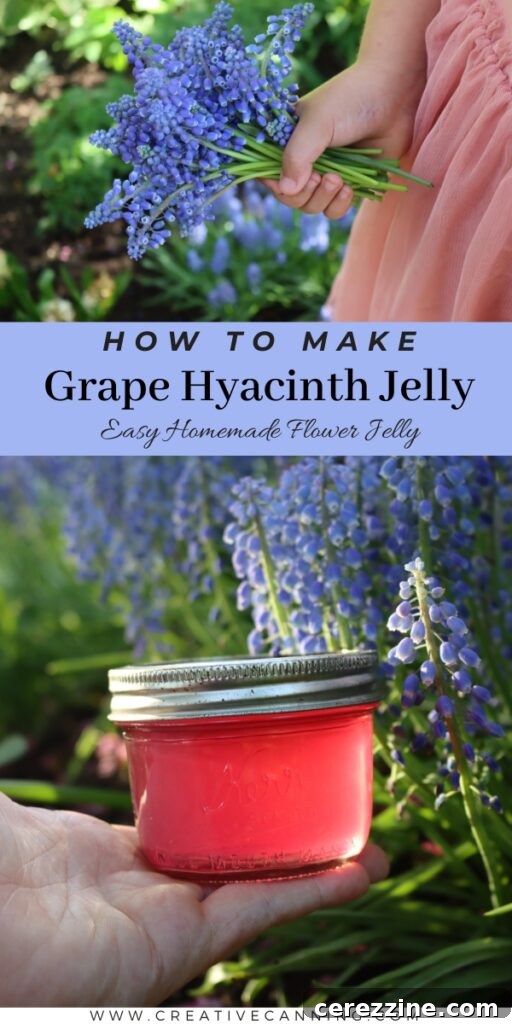 Spring Grape Hyacinth Jelly 13 A final close-up of a jar of grape hyacinth jelly with fresh flowers in the background.