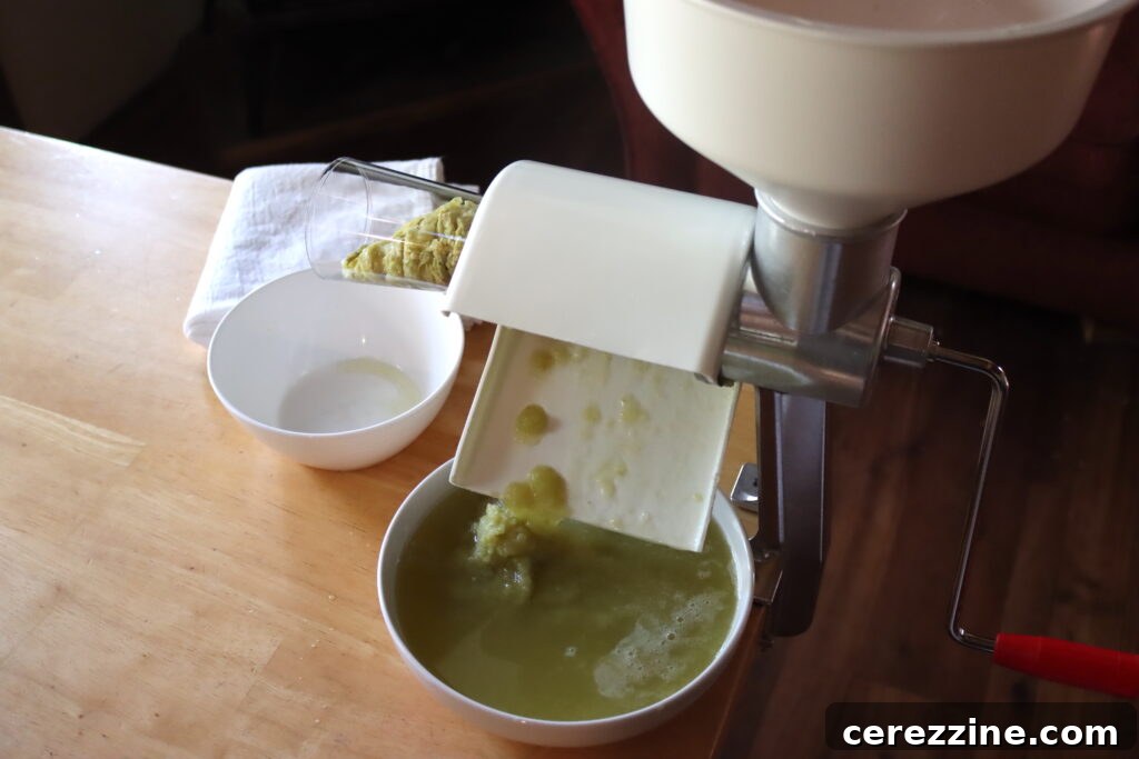 Tangy Green Tomato Ketchup 5 A food mill actively processing green tomato ketchup mixture, illustrating the step for achieving a smooth consistency.