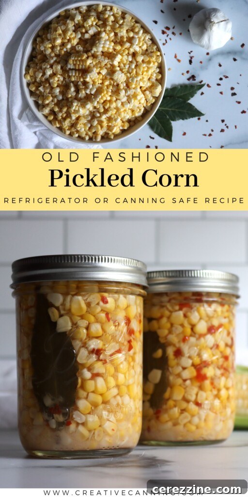 Two jars of preserved corn products on a wooden surface: one jar of pickled corn and another of corn salsa, demonstrating different canning options. SEO: Corn Canning Recipes, Preserve Summer Corn.