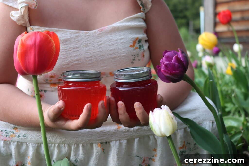 Two different batches of tulip jelly, one made with orange/yellow petals and the other made with purple/pink colors.