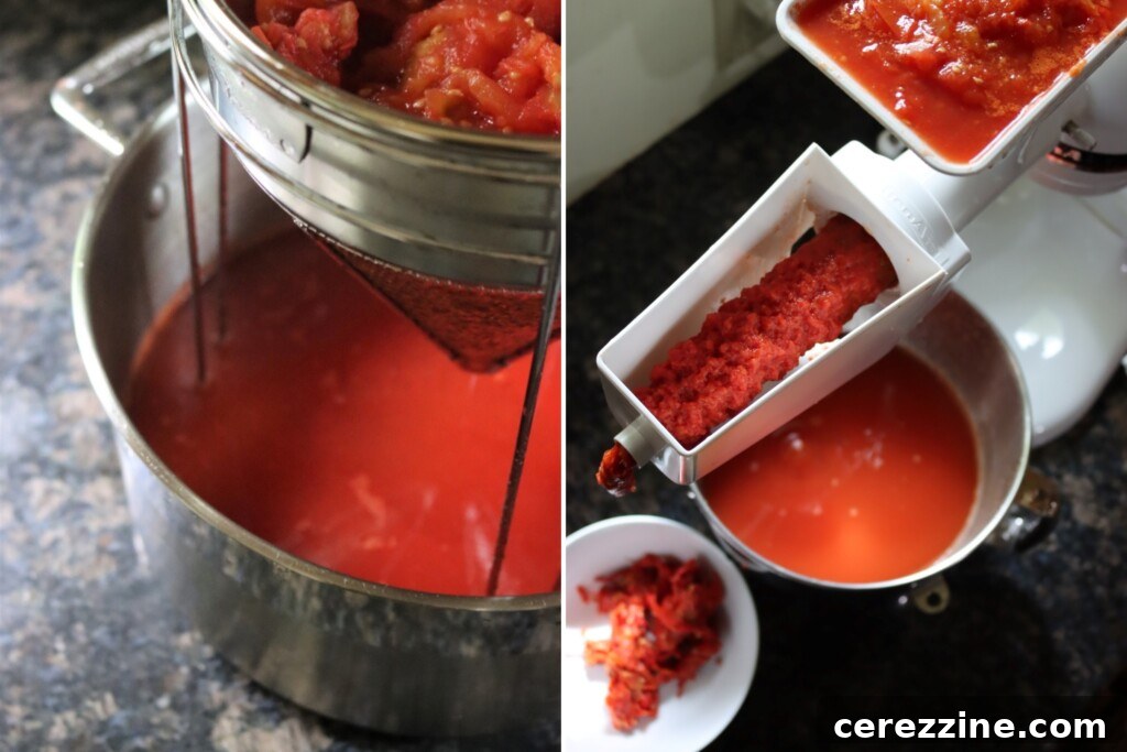Separating the seeds and skins from tomatoes, using a chinois sieve (left) and kitchenaid food mill (right)
