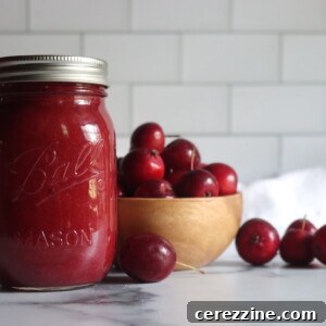 A single jar of crabapple sauce against a white background with red crabapples in a bowl nearby.