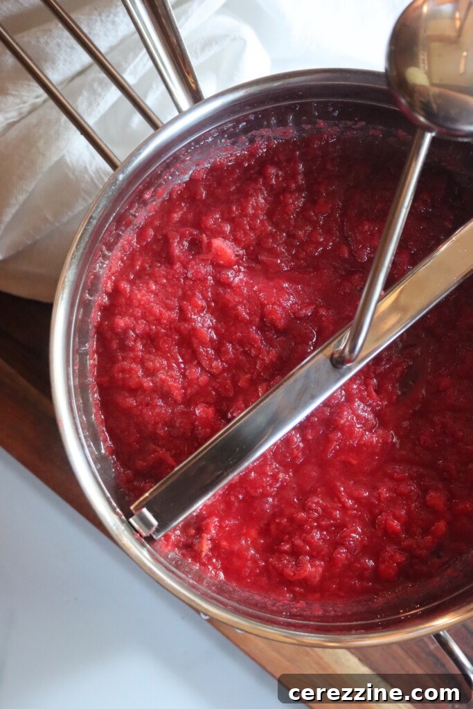 Straining crabapple sauce through a food mill to remove seeds and skins.