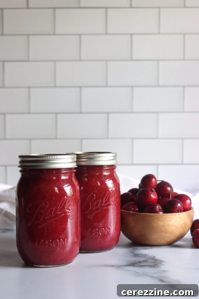 Two jars of crabapple sauce on a white countertop.