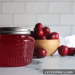 A jar of homemade crabapple jelly sitting in front of a bowl of red crabapples.