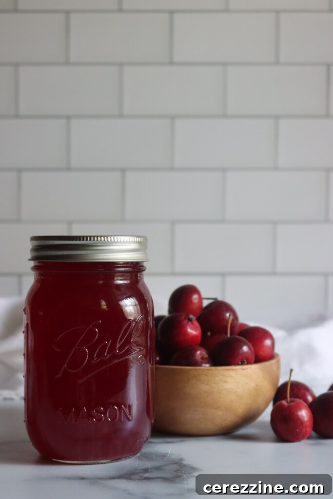 Tart Crabapple Elixir 3 A jar of crabapple juice on a table next to red crabapples.
