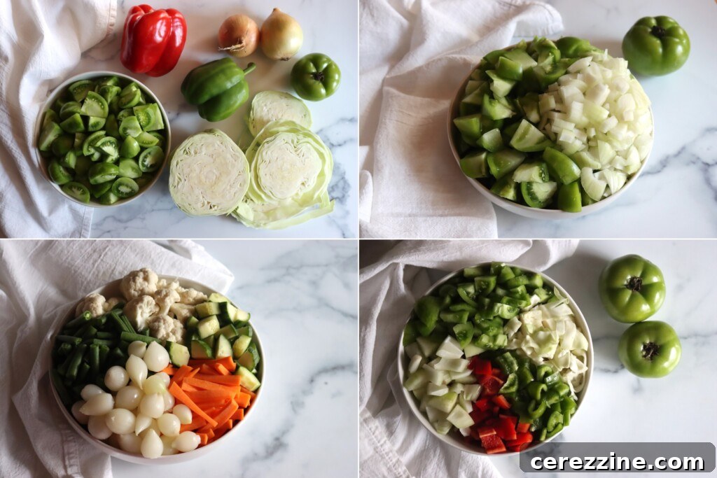 Ingredient mixes for four different regional chow chow variations. Clockwise from Top Left: Southern Chow Chow, Canadian Chow Chow, New England Piccalilli and British Piccalilli.