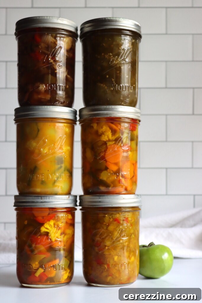 Six jars of different Regional Piccalilli and Chow Chow Recipes