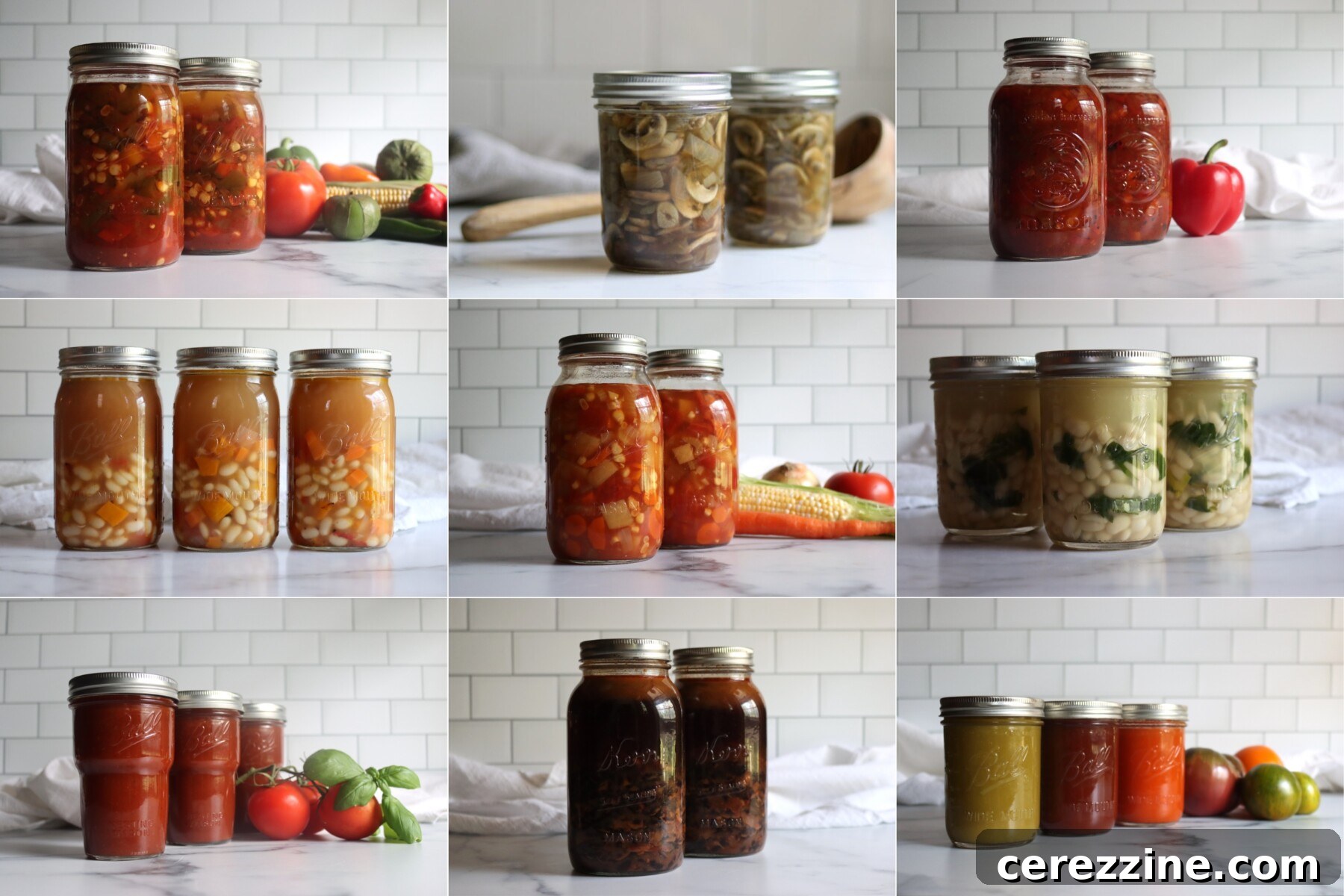 A selection of vegetarian soup canning recipes in quart jars.  Left to right from Top Left: Southwest Vegetable Soup, Mushroom Soup Base, Roasted Red Pepper Soup, Butternut Squash and White Bean Soup, Classic Vegetable Soup, White Bean and Kale Soup, Tomato Basil Soup, Chipotle Black Bean Soup and Heirloom Tomato Soup.