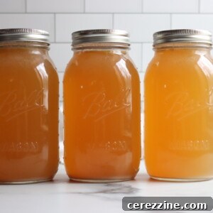 Three jars of turkey broth in a line on a white counter.