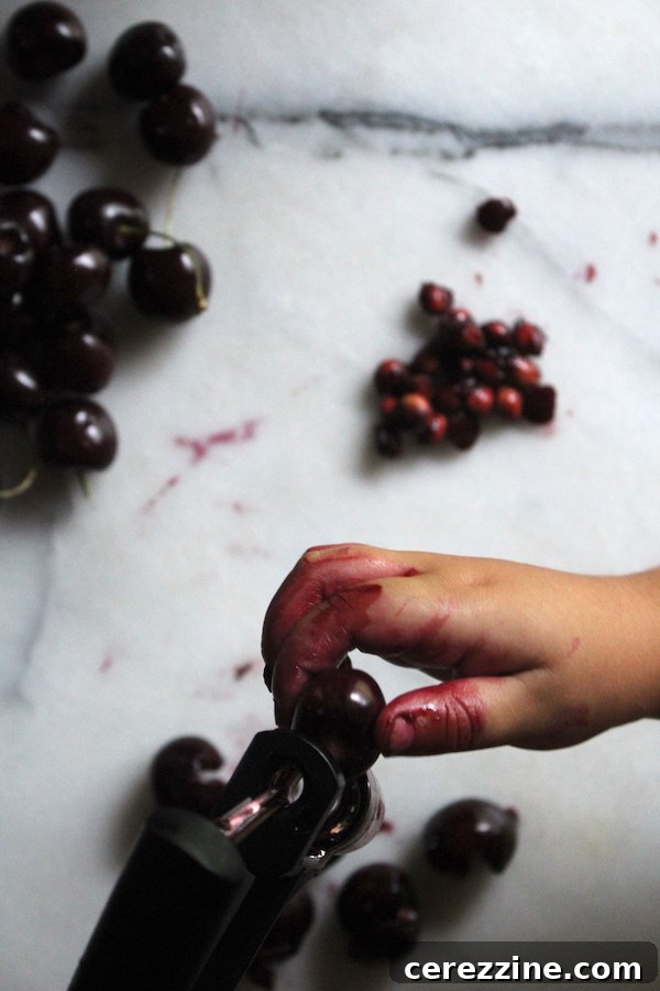 Child pitting cherries for black cherry jam