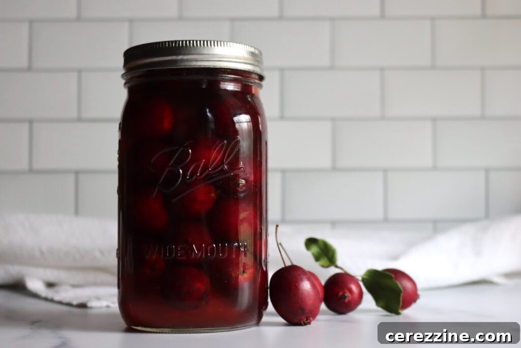 A jar of whole Pickled Crabapples, displaying their rich color and appealing presentation