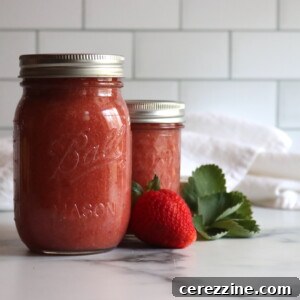 Strawberry Applesauce in a pint and half pint jar on a white table with strawberries next to it.