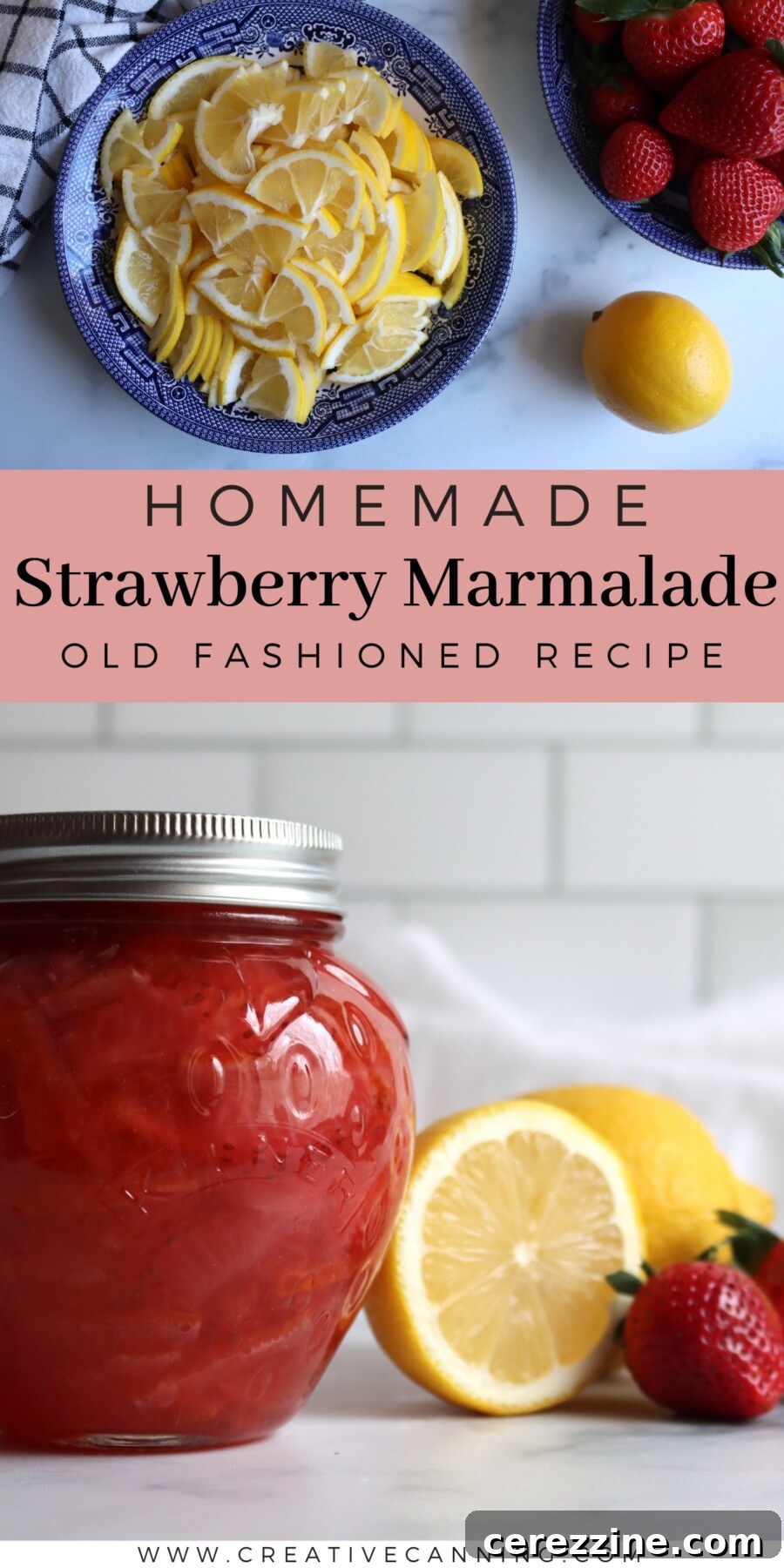Jar of Strawberry Marmalade with fresh berries and lemons on a rustic wooden board