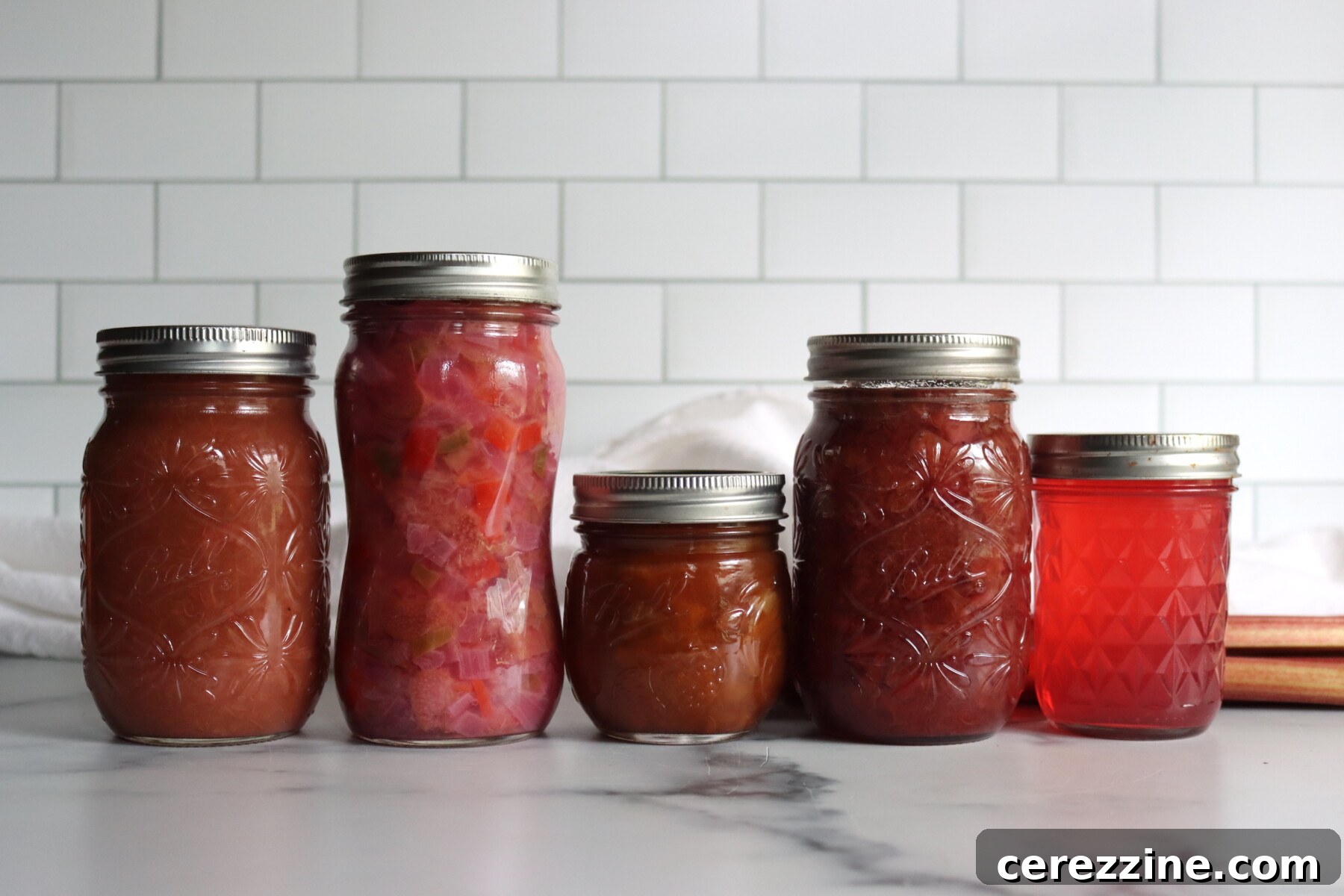 Rhubarb Canning Recipes. From left to right: Rhubarb Applesauce, Rhubarb Salsa, Rhubarb Peach Jam, Rhubarb Compote and Rhubarb Syrup.