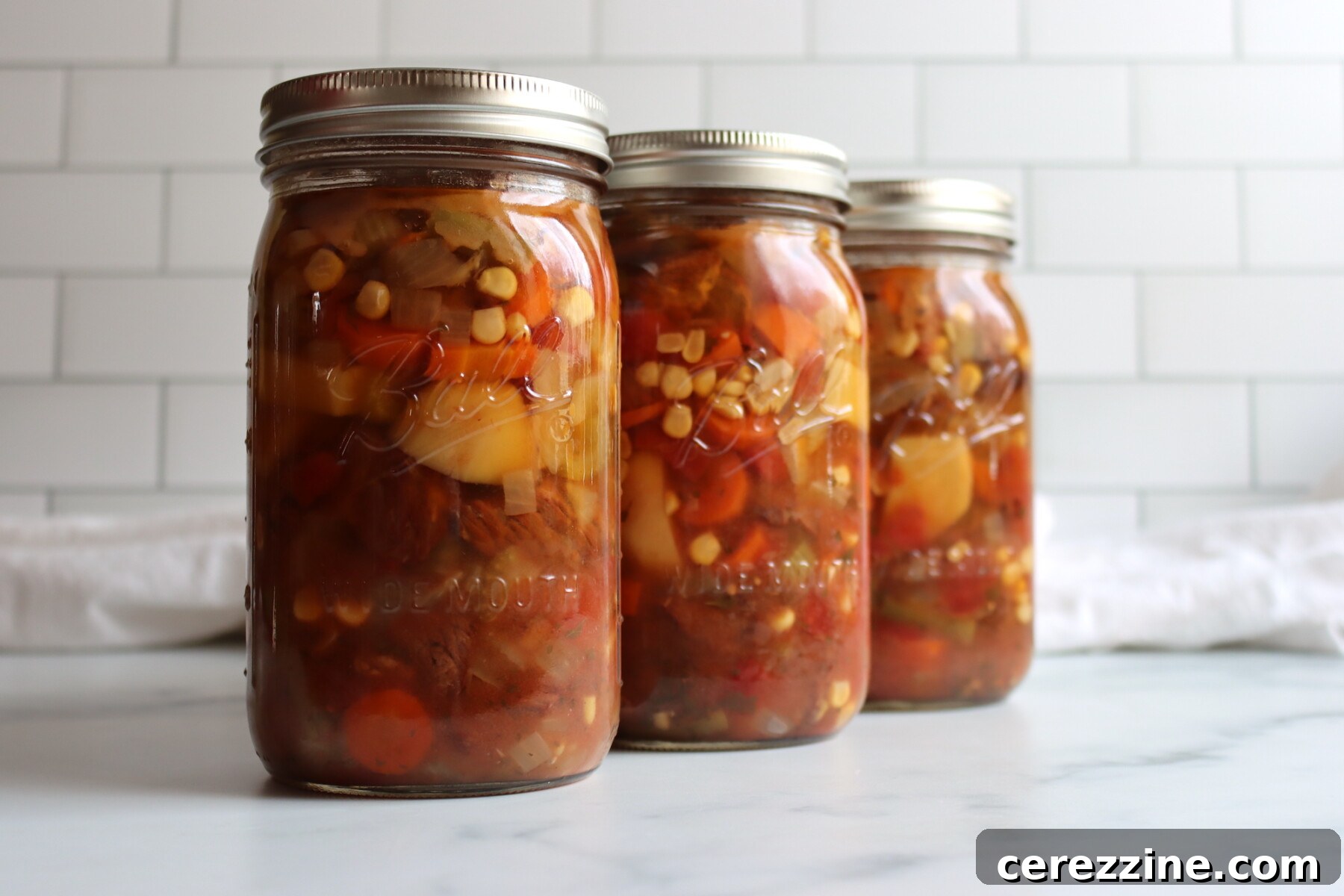 Hot jars being filled with vegetable beef stew