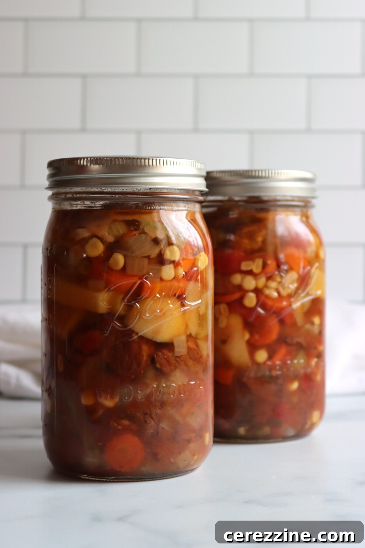 Finished jars of Vegetable Beef Stew Canning Recipe