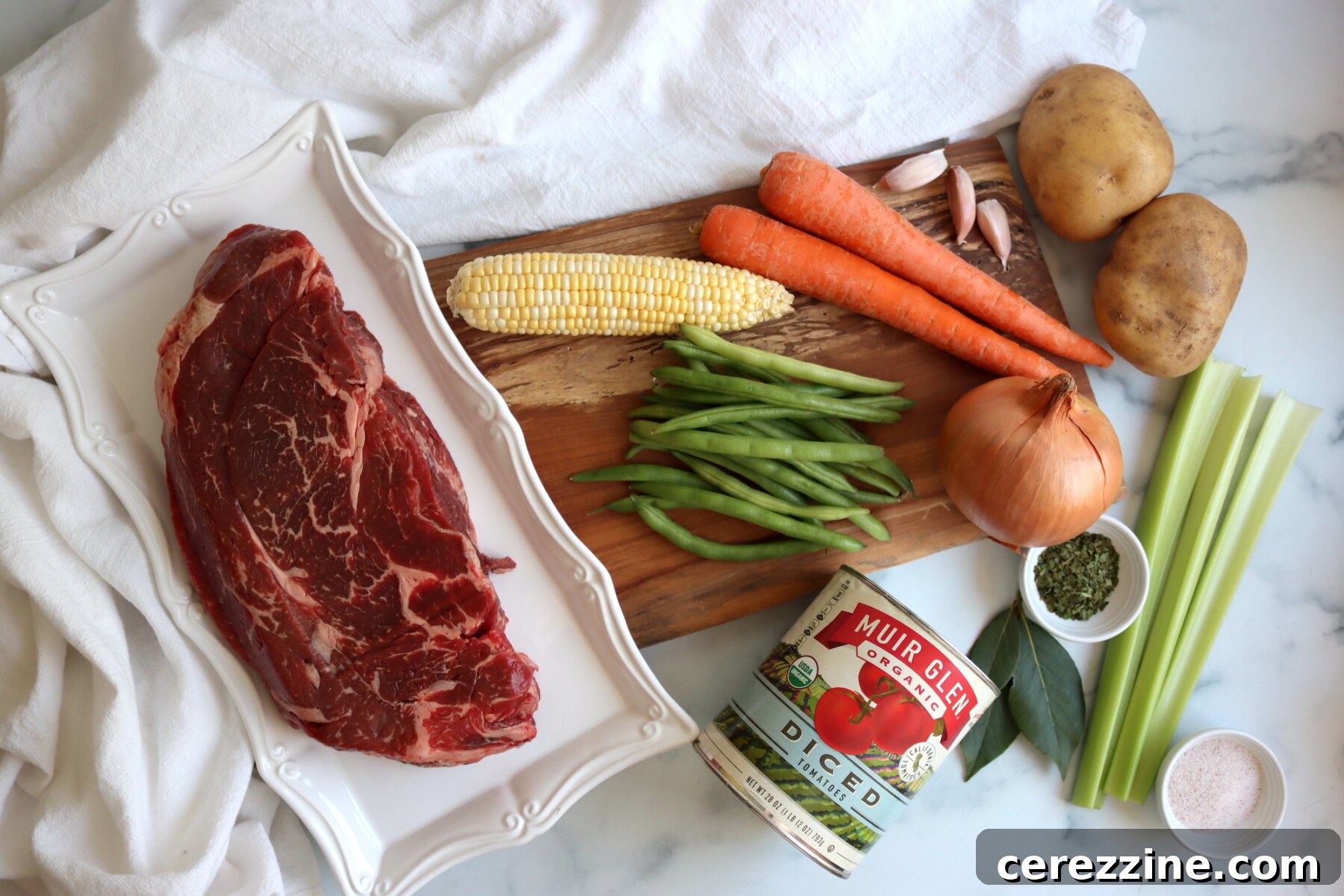 Ingredients for Beef Stew with Vegetables laid out