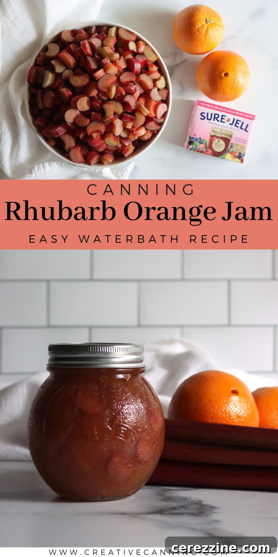 A tall, beautiful image of a jar of Rhubarb Orange Jam perfect for pinning.