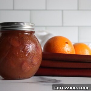 A jar of homemade Rhubarb Orange Jam with a spoon resting beside it.