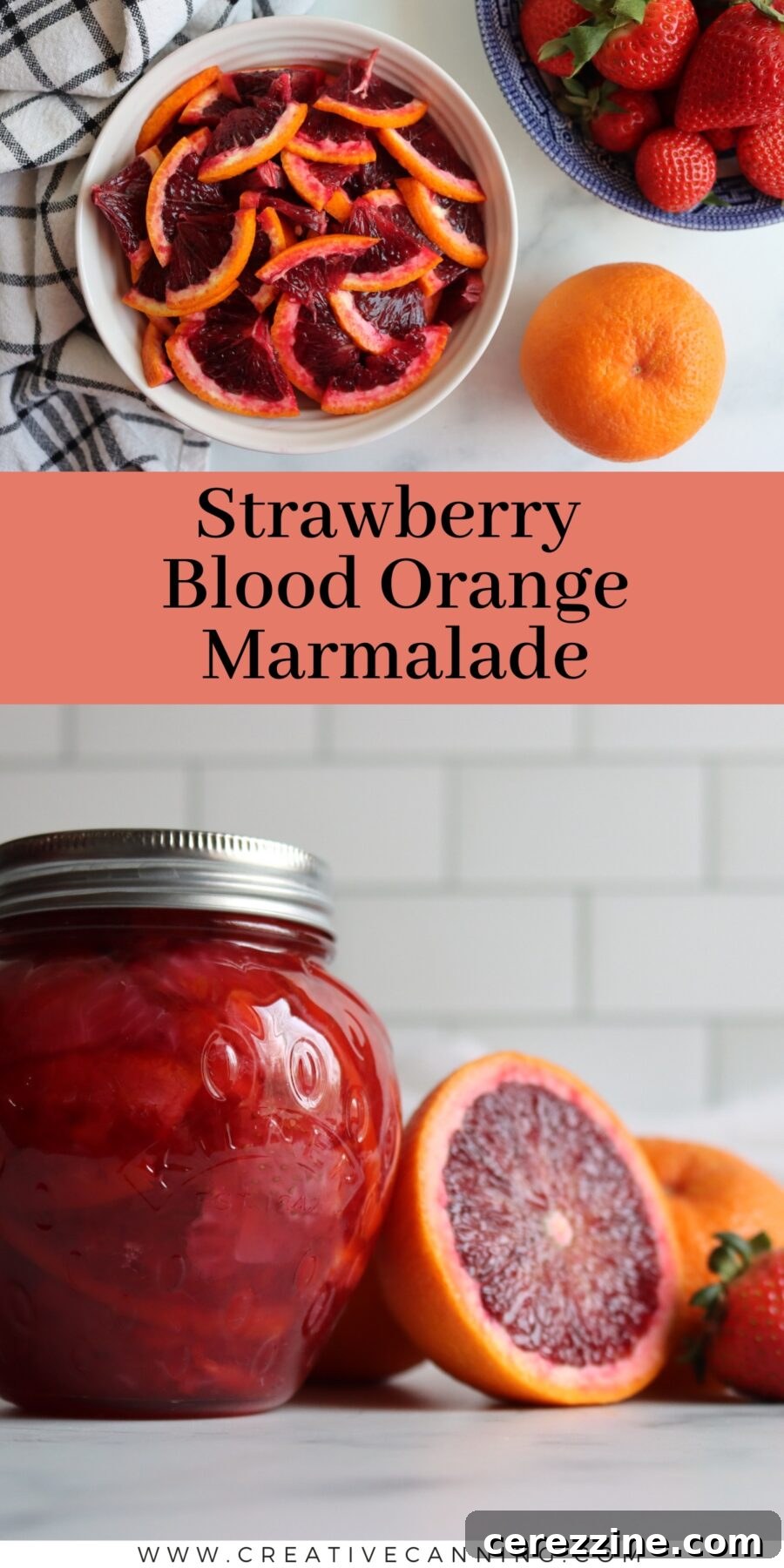 A tall image of finished Strawberry Blood Orange Marmalade in a jar.