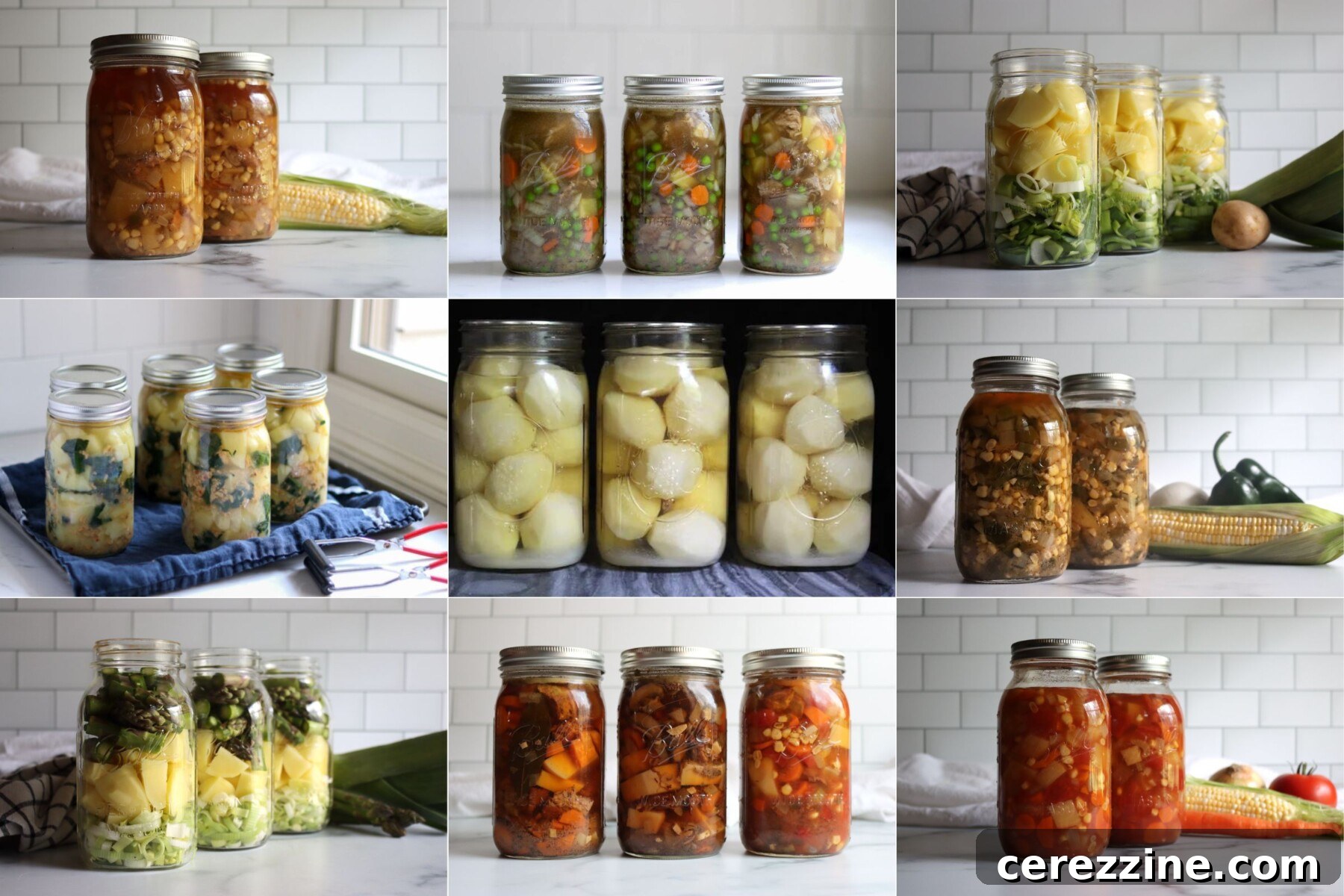 Over 30 Tasty Ways to Can Potatoes at Home 2 Potato Canning Recipes. Left to Right, from Top Left: Chicken and Corn Chowder, Beef Pot Pie Filling, Potato Leek Soup, Sausage & Potato Stew, Plain Potatoes, Poblano Corn Chowder, Asparagus Potato Soup, Multiple Beef Stew Variations and Classic Vegetable Soup