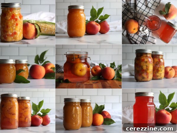 Peach Canning Recipes. Left to Right from top left: Peach and Corn Salsa, Peach Applesauce, Peach Jelly, Peach Butter, Pickled Peaches, Peach Salsa, Peach Pie Filling, Peach Nectar and Peach Syrup