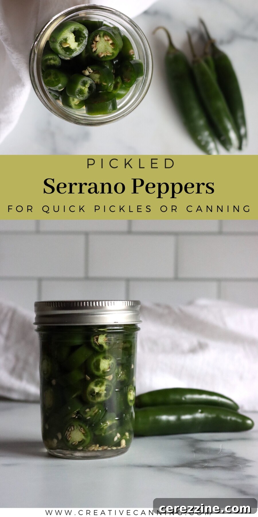 Pickled Serrano Peppers Recipe: Spicy Refrigerator Pickles 14 Pickled serrano peppers recipe pin showing an open jar of pepper rings and a sealed jar