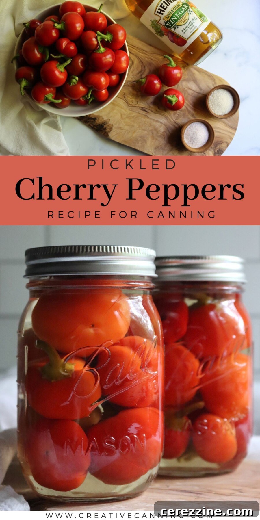 Pickled Cherry Peppers canning recipe, with a bowl of fresh cherry peppers above two finished jars