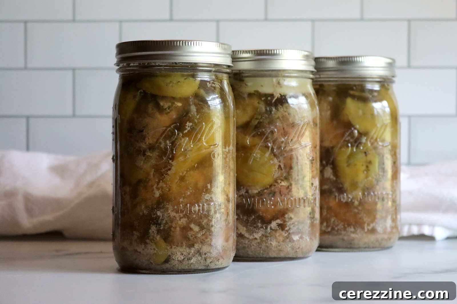 Three jars of home-canned Mississippi pork roast lined up on a counter