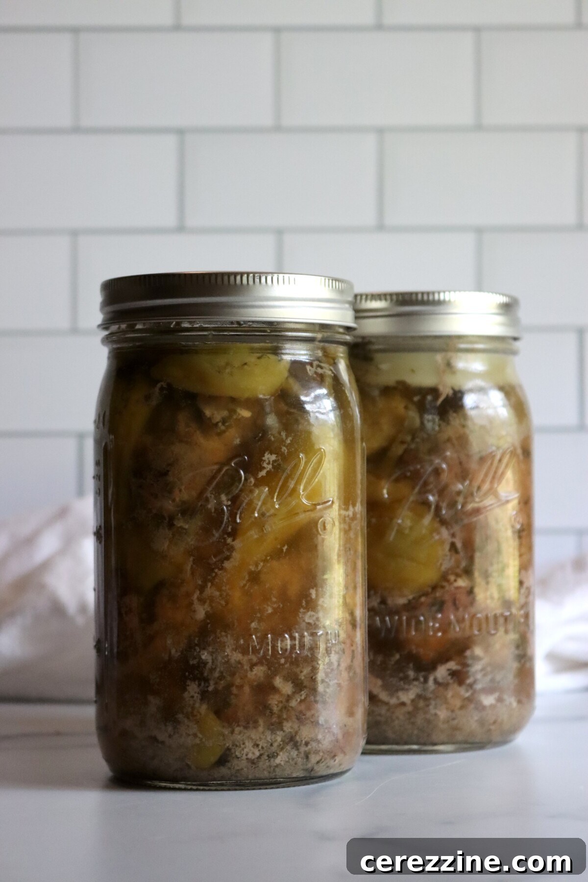 Two quart jars of pressure-canned Mississippi pork roast with pepperoncini rings