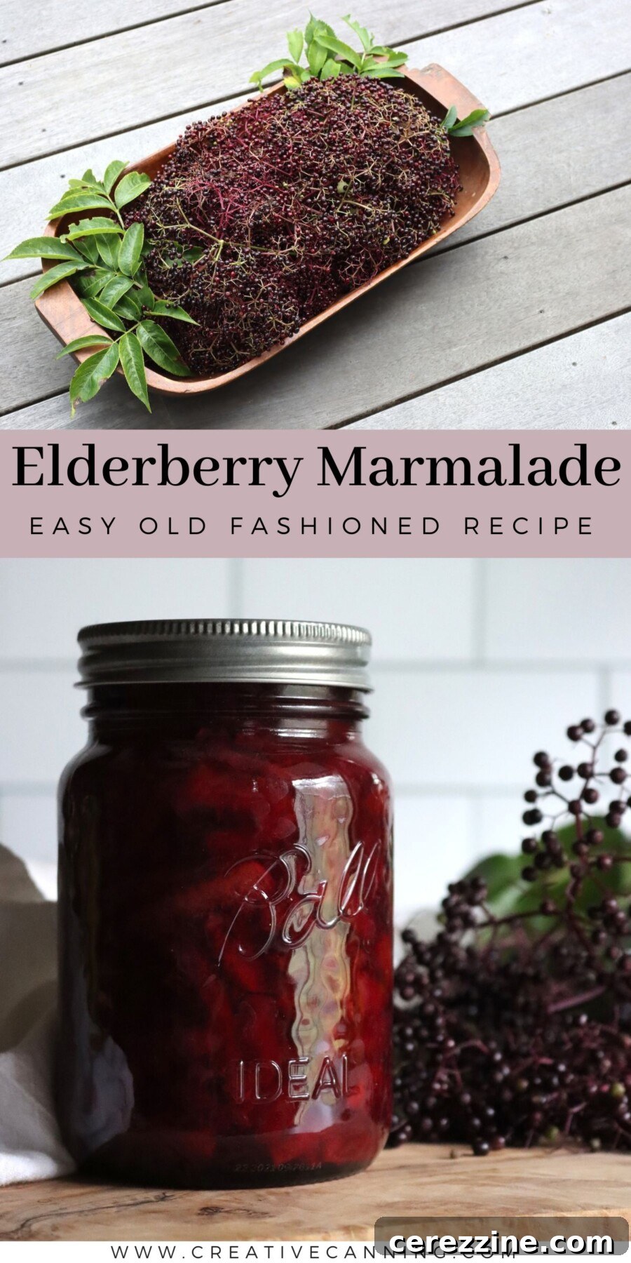 Elderberry marmalade recipe with a jar of marmalade and a bowl of fresh elderberries