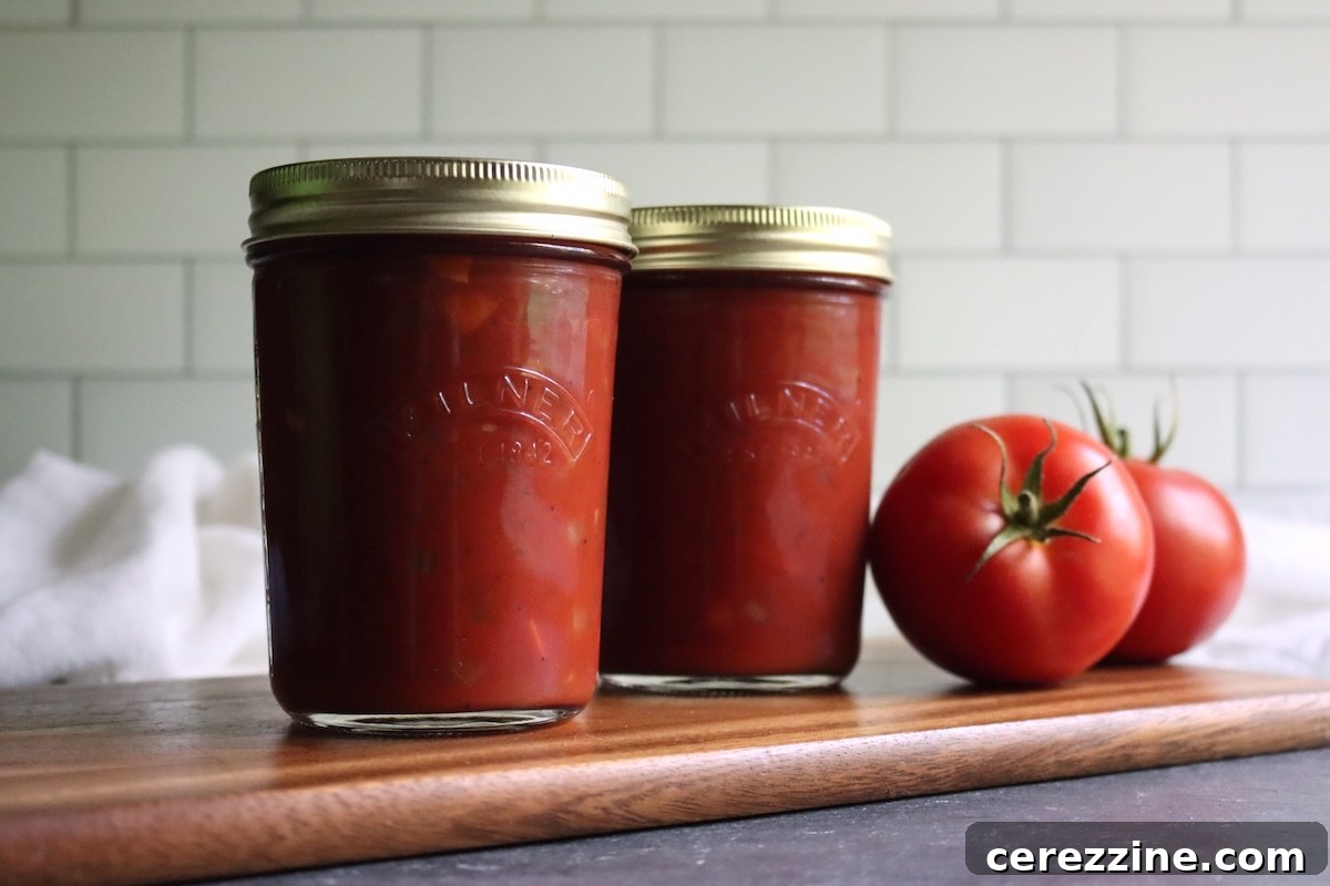 Two jars of Italian-style tomato sauce on a wooden board with fresh tomatoes