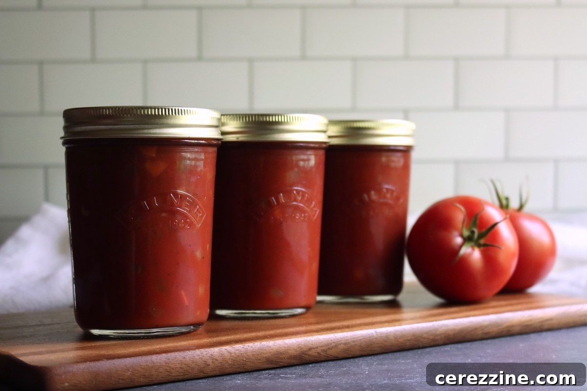 Three jars of Italian-style tomato sauce in a row on a wooden board with fresh tomatoes
