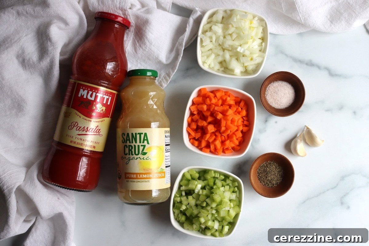 Passata, bottled lemon juice, chopped onion, carrot and celery, garlic and seasonings for tomato sauce