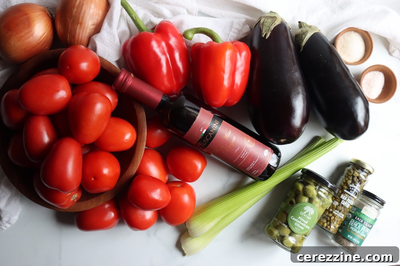 Plum tomatoes, eggplant, red peppers, onions, celery, Castelvetrano olives, capers, and red wine vinegar for caponata