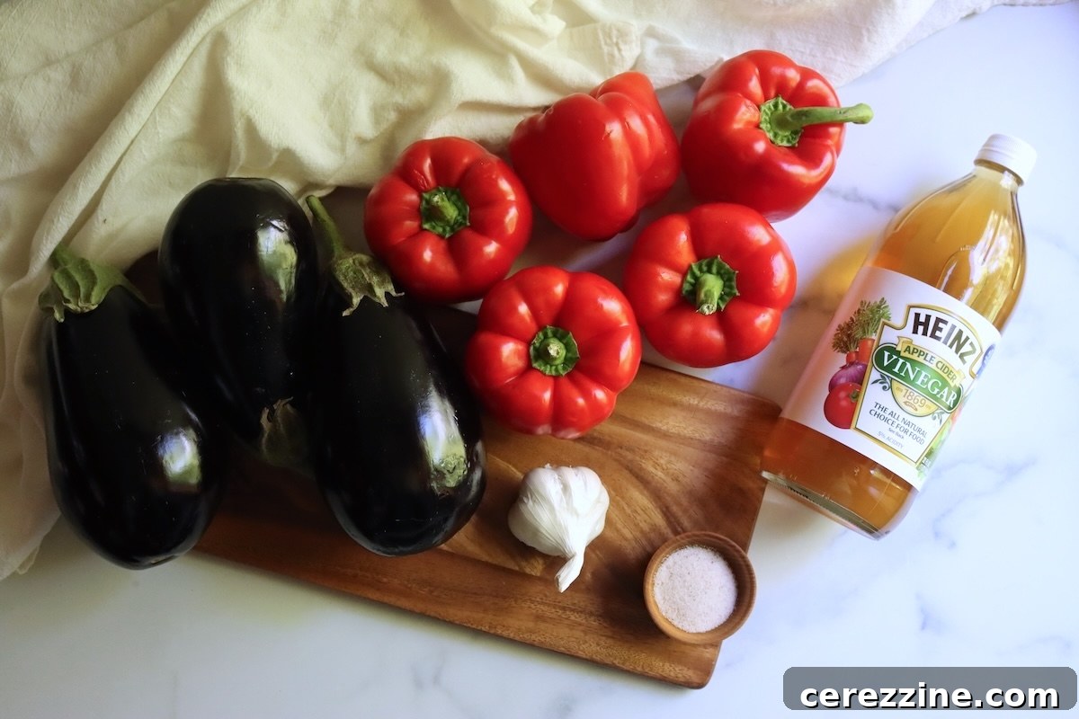 Ingredients for ajvar: eggplants, red bell peppers, a head of garlic, salt, and apple cider vinegar
